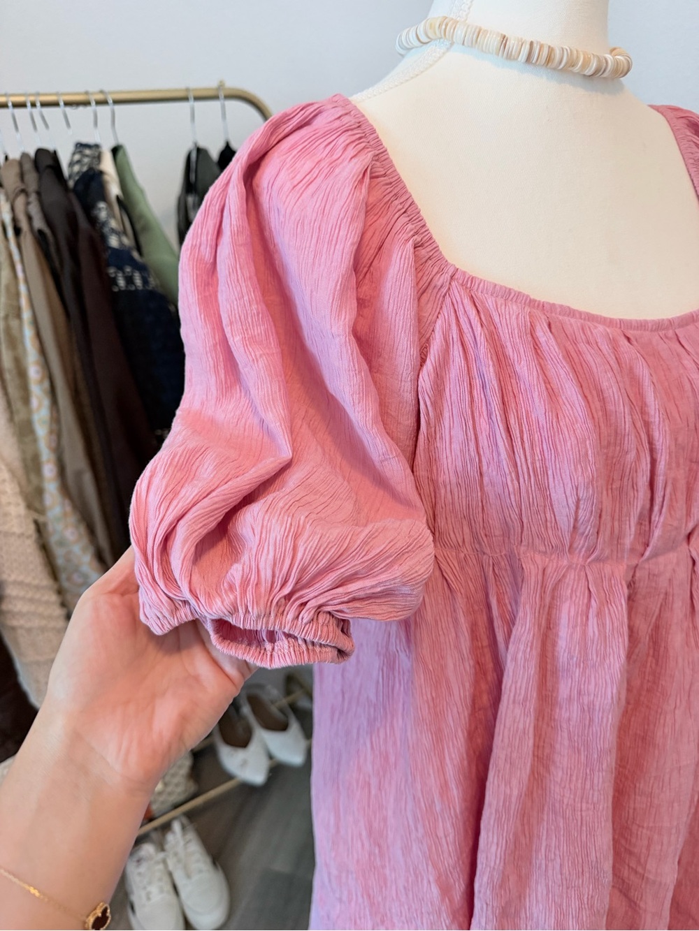 white birch Pink Puff Sleeve Square Neck Dress - Picture 3 of 5